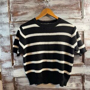 Black & White Striped Short-Sleeve Crew Sweater